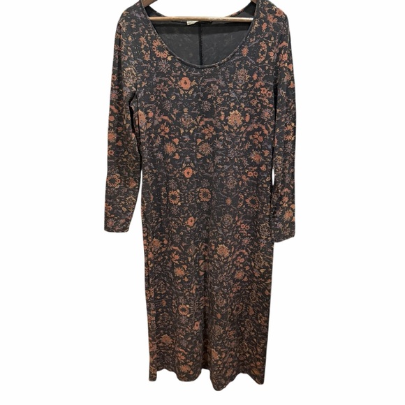 Peruvian Connection Cotton Spandex Maxi Dress Large Black Floral Long Sleeve - Picture 2 of 11